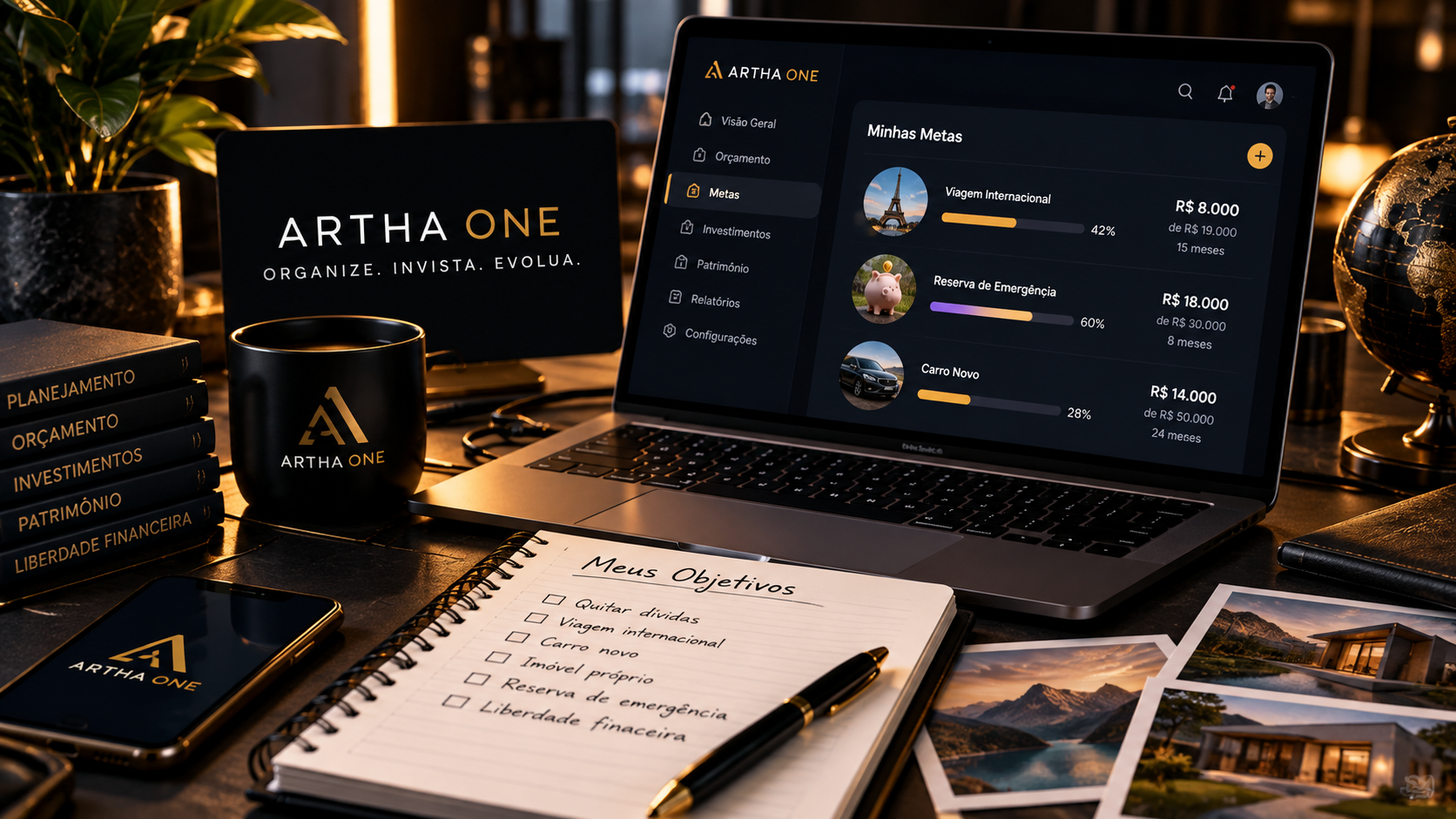 Planejamento financeiro com metas e objetivos no ambiente visual do ARTHA ONE